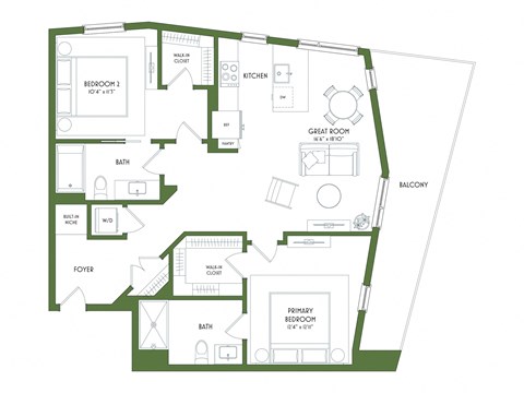 A floor plan of a house with a primary bedroom, two bathrooms, a foyer, a walk-in closet, and a balcony.